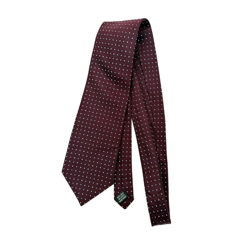 Pronto Uomo Silk Tie Mens Burgundy Maroon Geometric Diamond Squares Hand Made